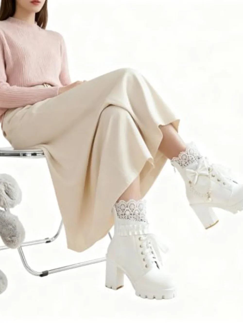 Faux Leather Platform Ankle Boots with Pearl Chain Bow Chunky High Heel Gothic
